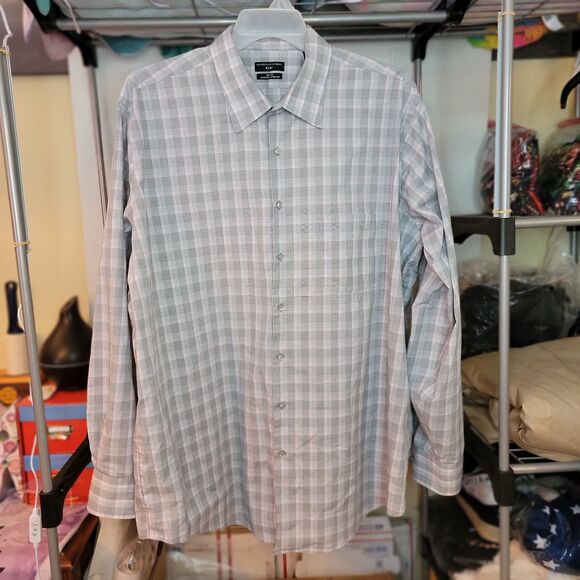 Shaquille O'Neal LS Full Button Cooling Grey Plaid - Sz XL Stretch 18.5 (36/37) - Picture 2 of 5